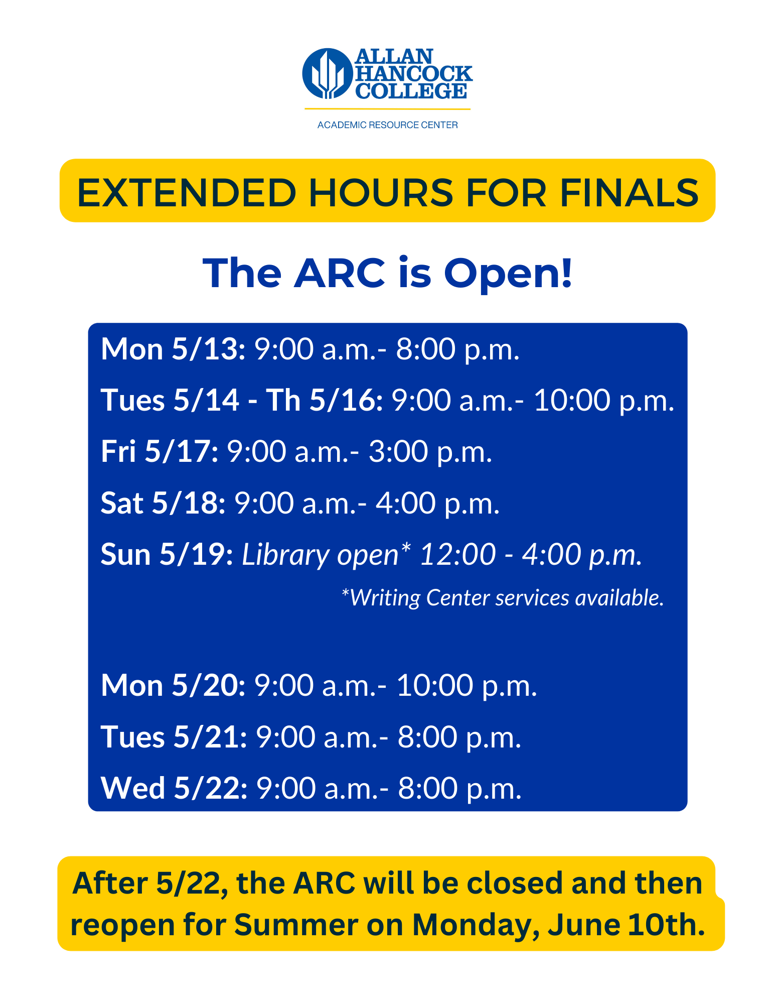 ARC Hours for Weeks 16 & 17 (Spring 2024)