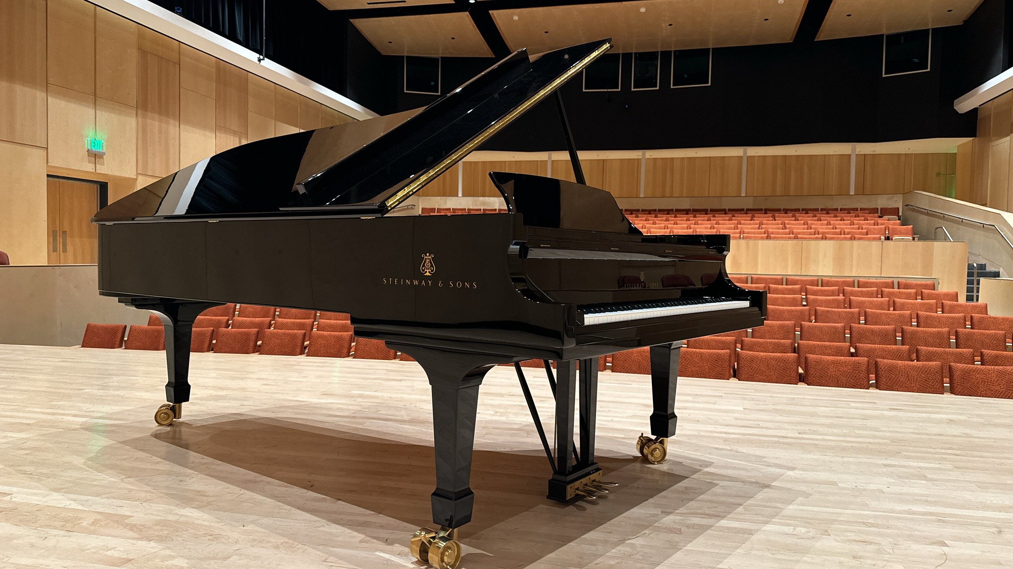 A black Steinway piano sits on a stage in the Patty Boyd Concert Hall. 