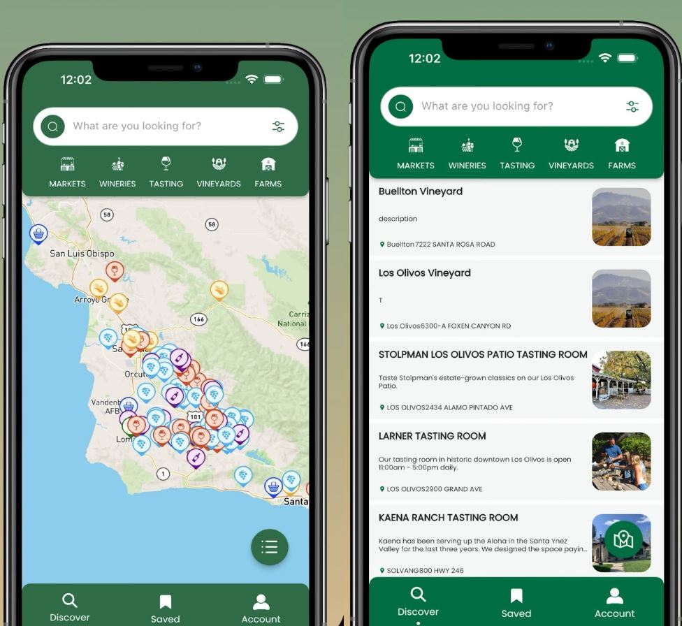 A phone app with a map of Santa Barbara County, along with markers showing food and wine locations. 
