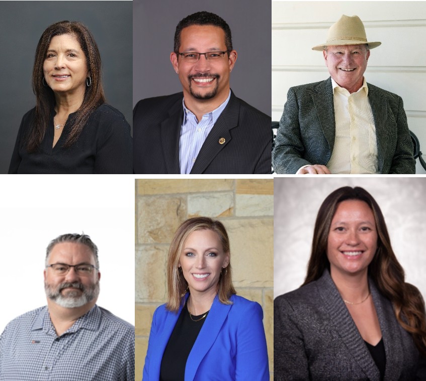 A group of six professional headshots featuring the newly appointed Allan Hancock College Foundation board members. In the top row, from left to right: Dr. Carolyn Baldiviez, a woman with shoulder-length dark hair wearing a black blouse against a gray background; Michael Boyer, a man with short black hair, glasses, and a goatee, wearing a dark suit and blue striped shirt against a dark gray backdrop; and Mike Brady, an older man wearing a beige fedora, white button-up shirt, and gray blazer, smiling while seated outdoors. In the bottom row, from left to right: Michael Carroll, a man with short gray hair, glasses, and a beard, wearing a light blue patterned button-up shirt against a white background; Katie Gorndt, a woman with shoulder-length blonde hair wearing a bright blue blazer over a black top, posing in front of a stone wall; and Candice Monge, a woman with long dark hair wearing a dark gray blazer over a black blouse, smiling against a blurred gray and white background.