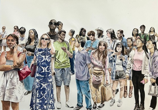 Painting displayed in the Allan Hancock College Fine Arts faculty show depicting a diverse crowd of people standing together. The figures are rendered in a realistic yet painterly style, with varied clothing, ages, and expressions. Soft, neutral background tones place emphasis on the individuals, suggesting a moment of everyday public life and shared presence.