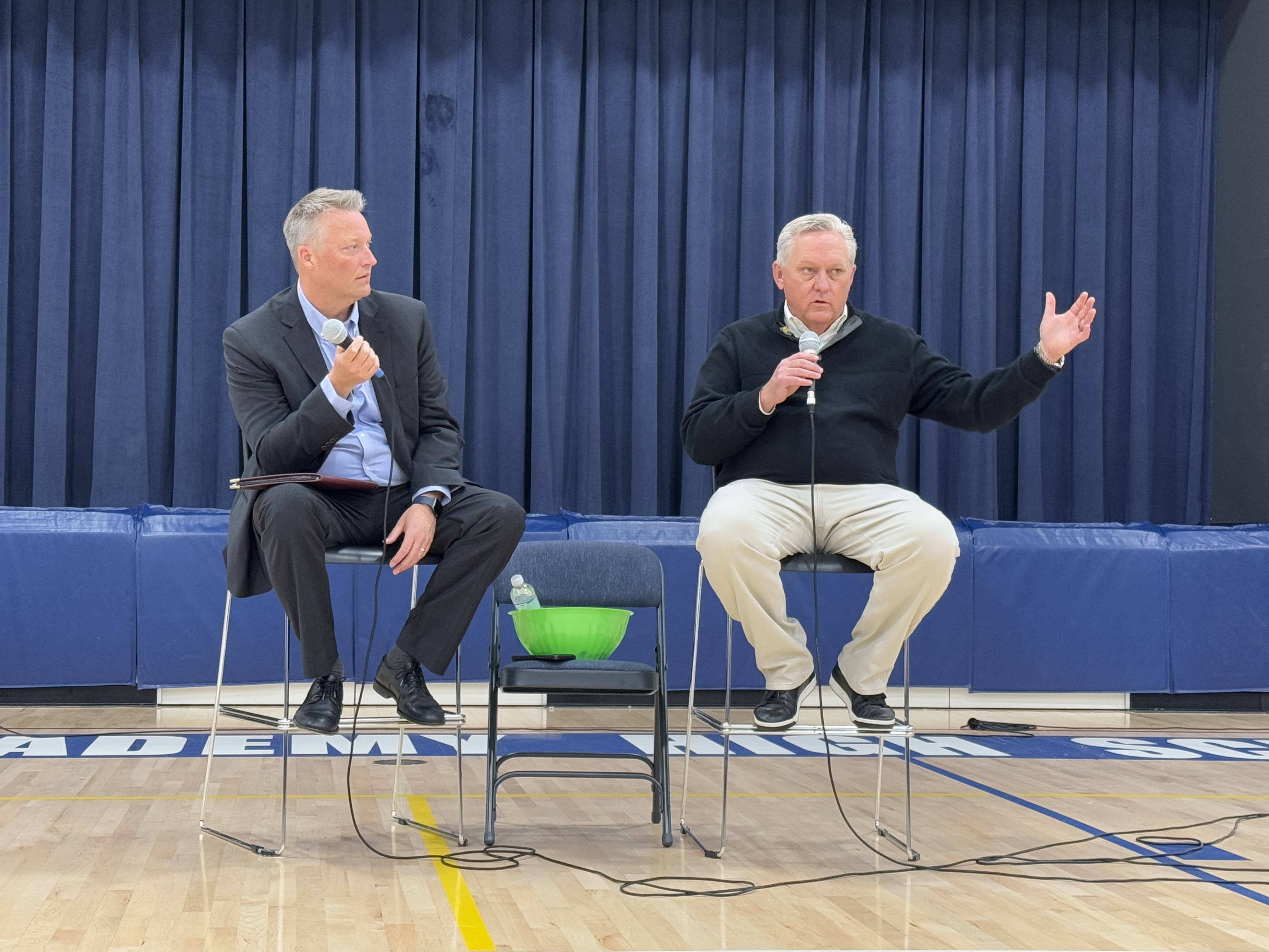 Allan Hancock College Superintendent/President Kevin G. Walthers (right), Ph.D., speaks to OAHS students with Cal Poly Professor Martin Mehl (left). 