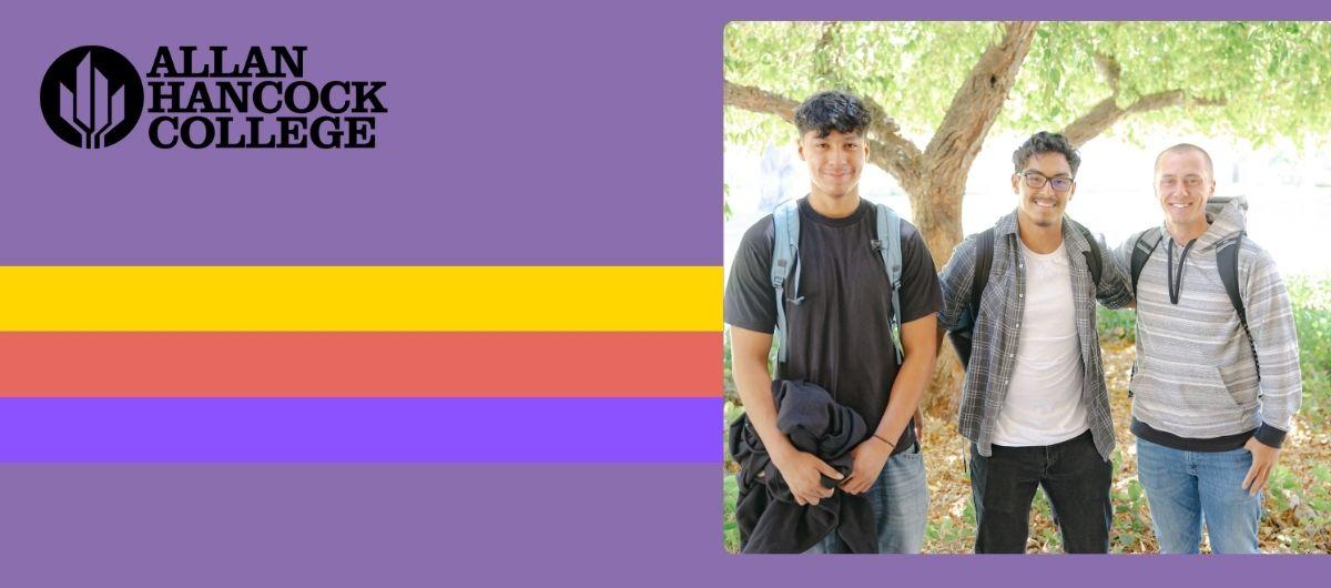 Three students pose for a photo outside. AHC logo is present on the left with a tricolor band going horizontally.