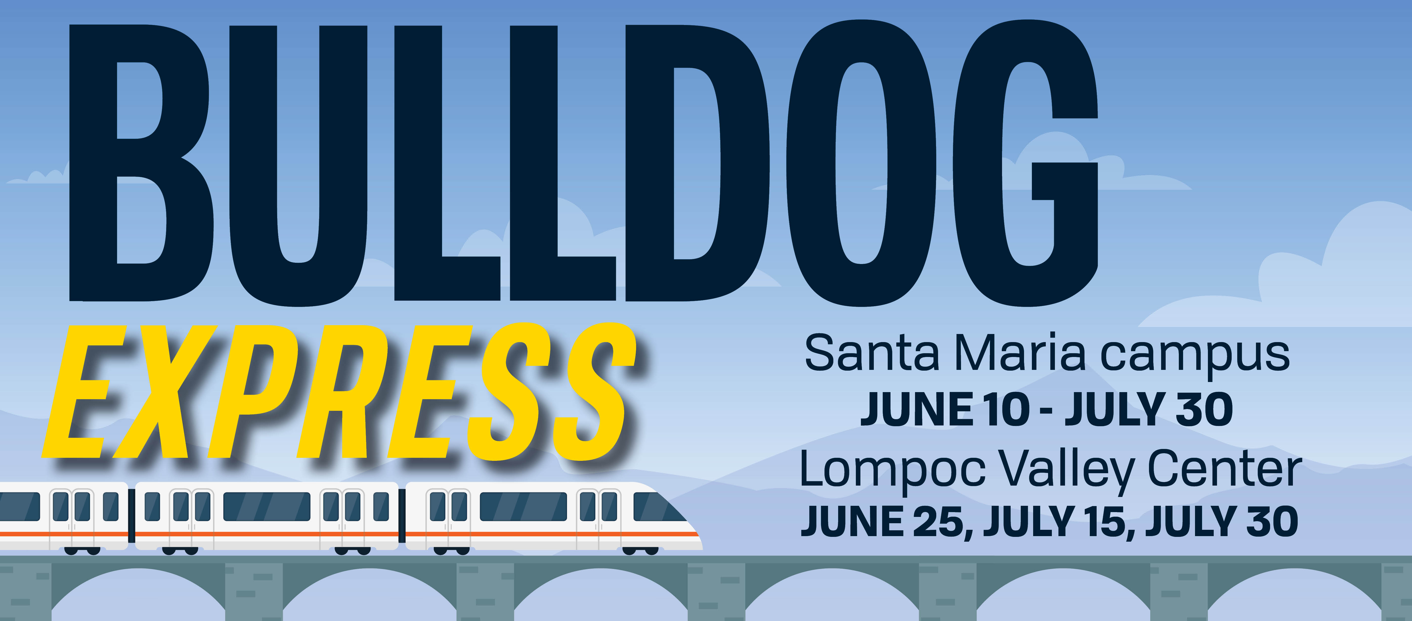 Bulldog Express in big letters with a train traveling below. 