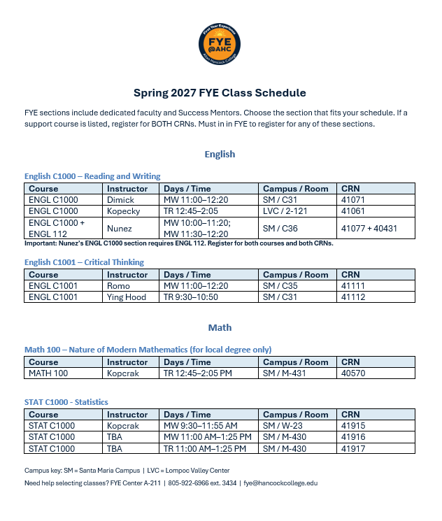 FYE Spring Classes FYE Spring Classes