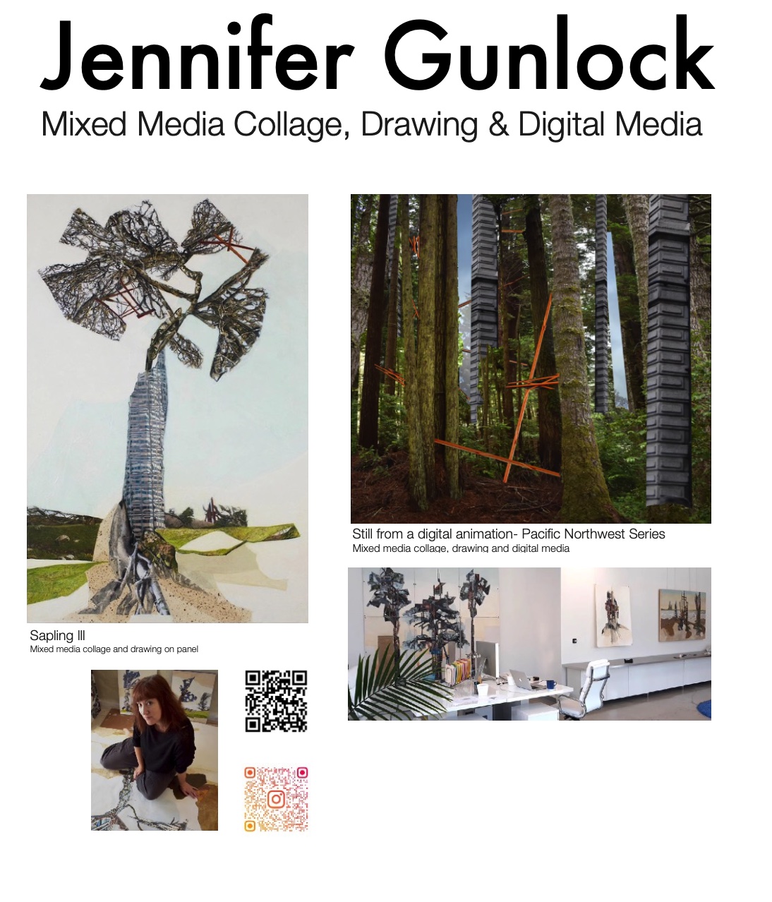 three images of collage, an experimental animtaed still and Jennifer's studio