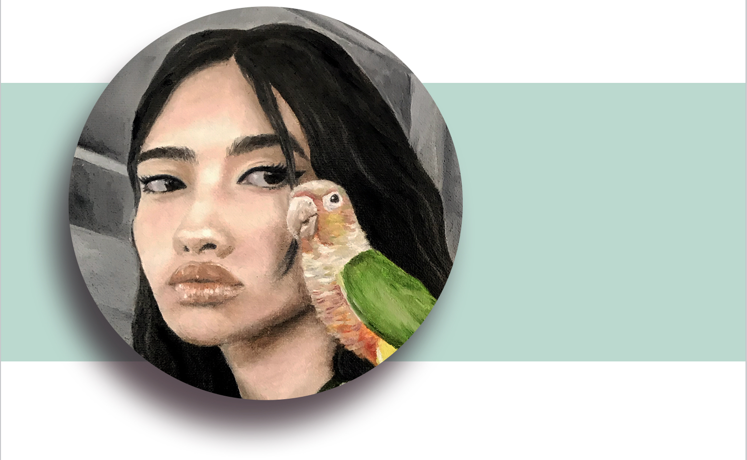 portion of a painting image enclosed in a circle, painting of a woamn with a parrot on her shoulder
