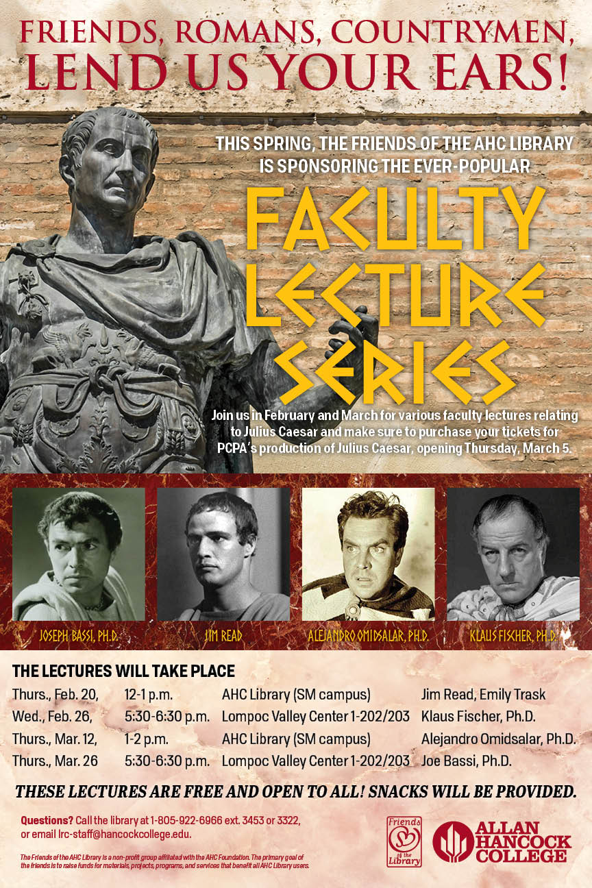 Spring 2020 Faculty Lecture Series flier with presenter names and dates and times of lectures