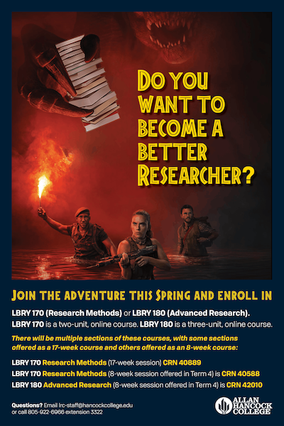 LBRY 170 and LBRY 180 Spring 2026 class flyer with Jurassic Park theme graphic and course information.