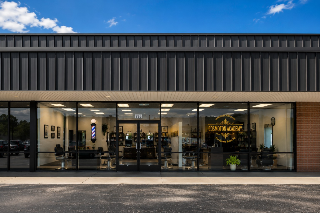 Exterior view of the Cosmoton Academy, featuring a modern storefront with large glass windows that reveal barbering and cosmetology workstations inside. The academy entrance is centered beneath the address '736,' with barber chairs, mirrors, and styling stations visible through the windows