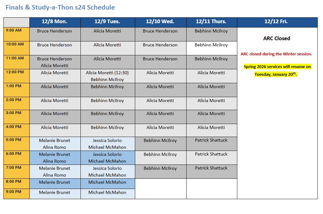 Writing Center Finals Schedule - Week 17