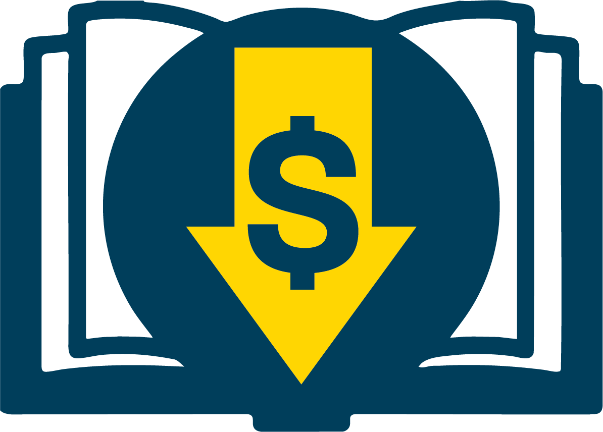Textbook with a downward arrow and a dollar sign in the middle of it